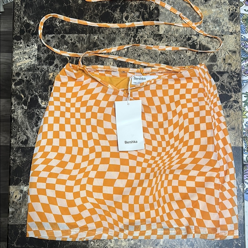 Bershka Vibrant Orange Checkered Skirt